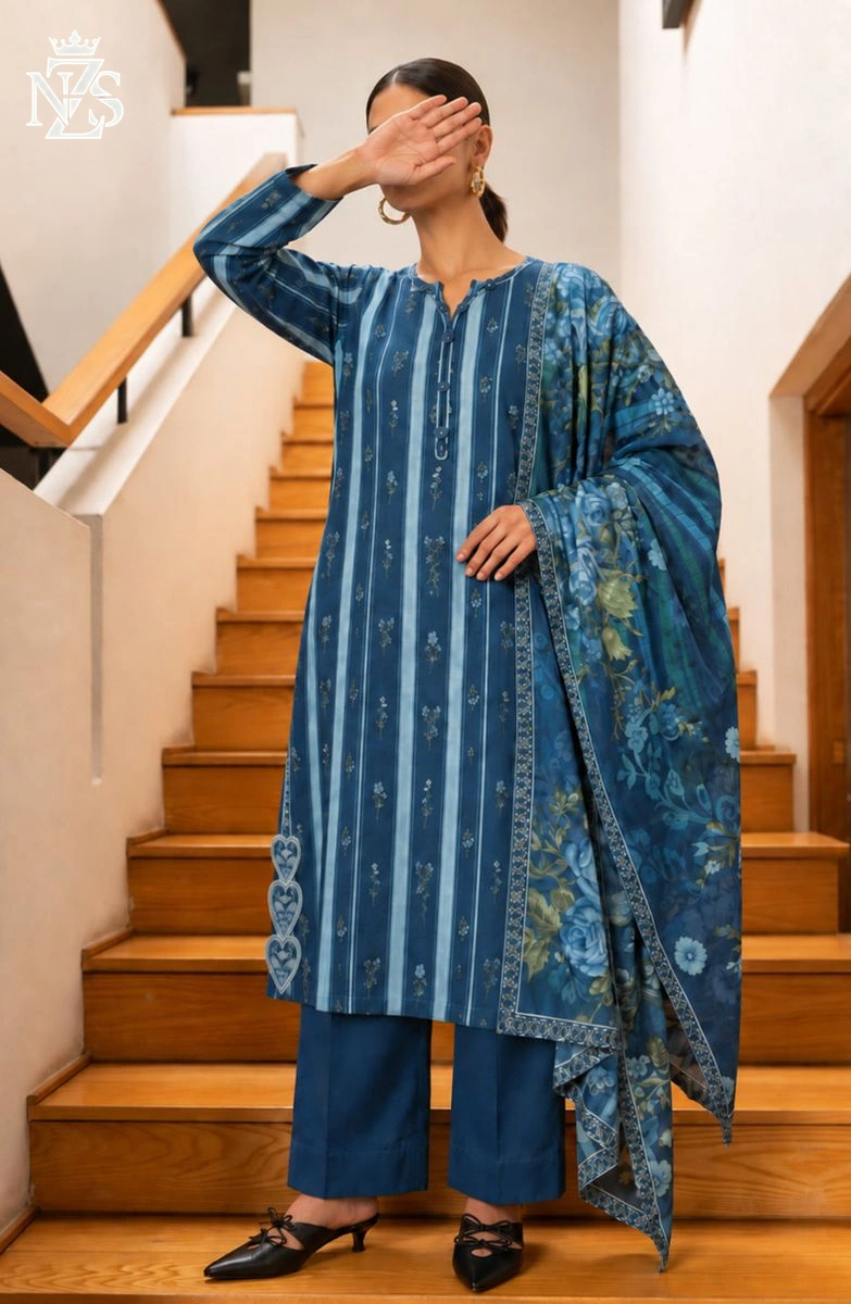 Tehmina Embroidered Cotton 3-Piece Stitched Suit in Blue - image 1