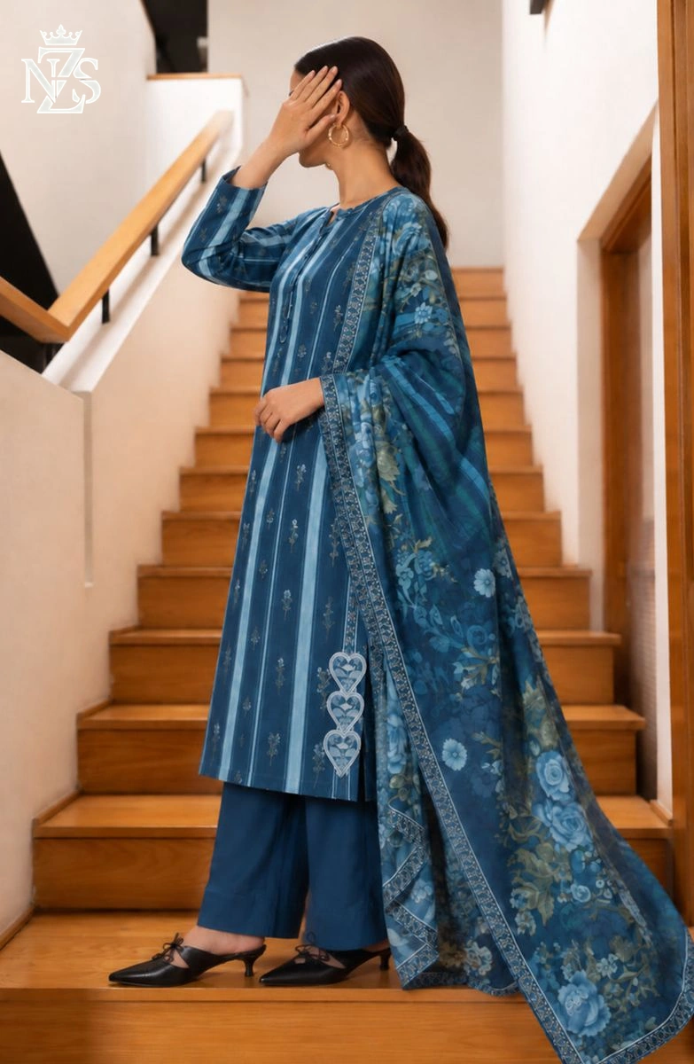 Tehmina Embroidered Cotton 3-Piece Stitched Suit in Blue - image 3