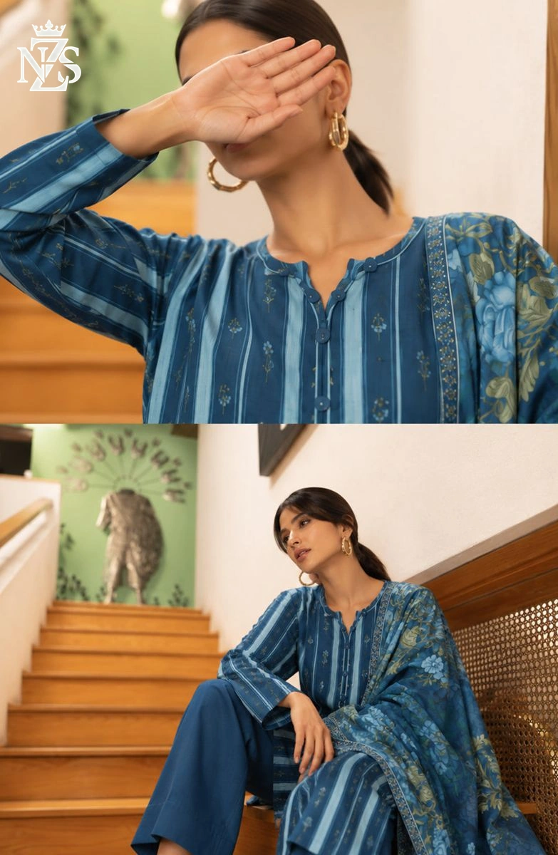 Tehmina Embroidered Cotton 3-Piece Stitched Suit in Blue - image 4