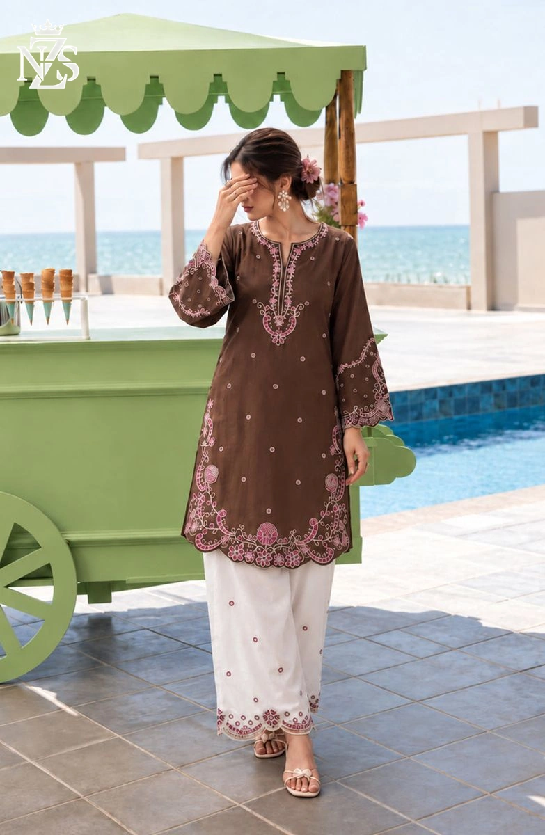 Ujala Embroidered Linen Co-ord 2-Piece Stitched Suit in Brown & white - image 1