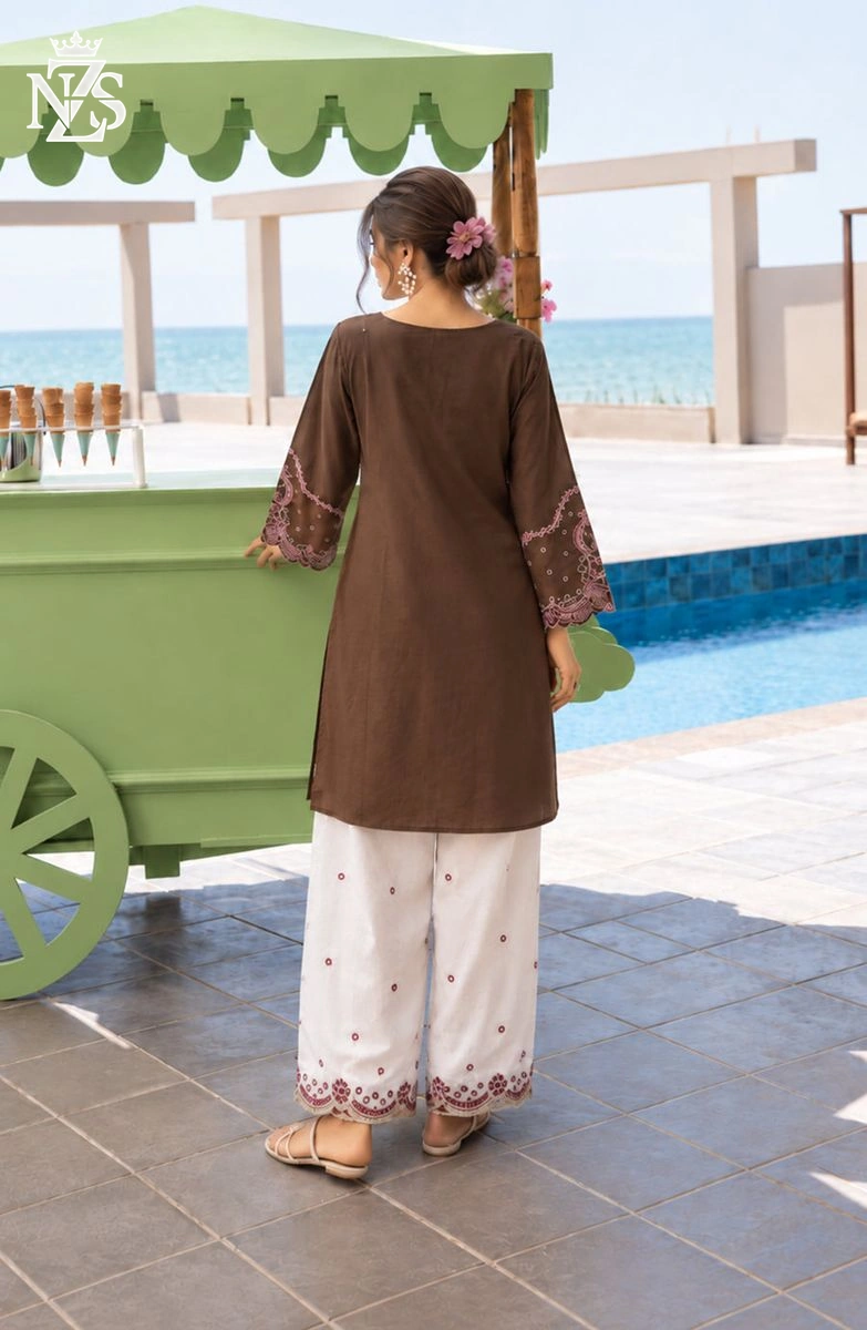 Ujala Embroidered Linen Co-ord 2-Piece Stitched Suit in Brown & white - image 2