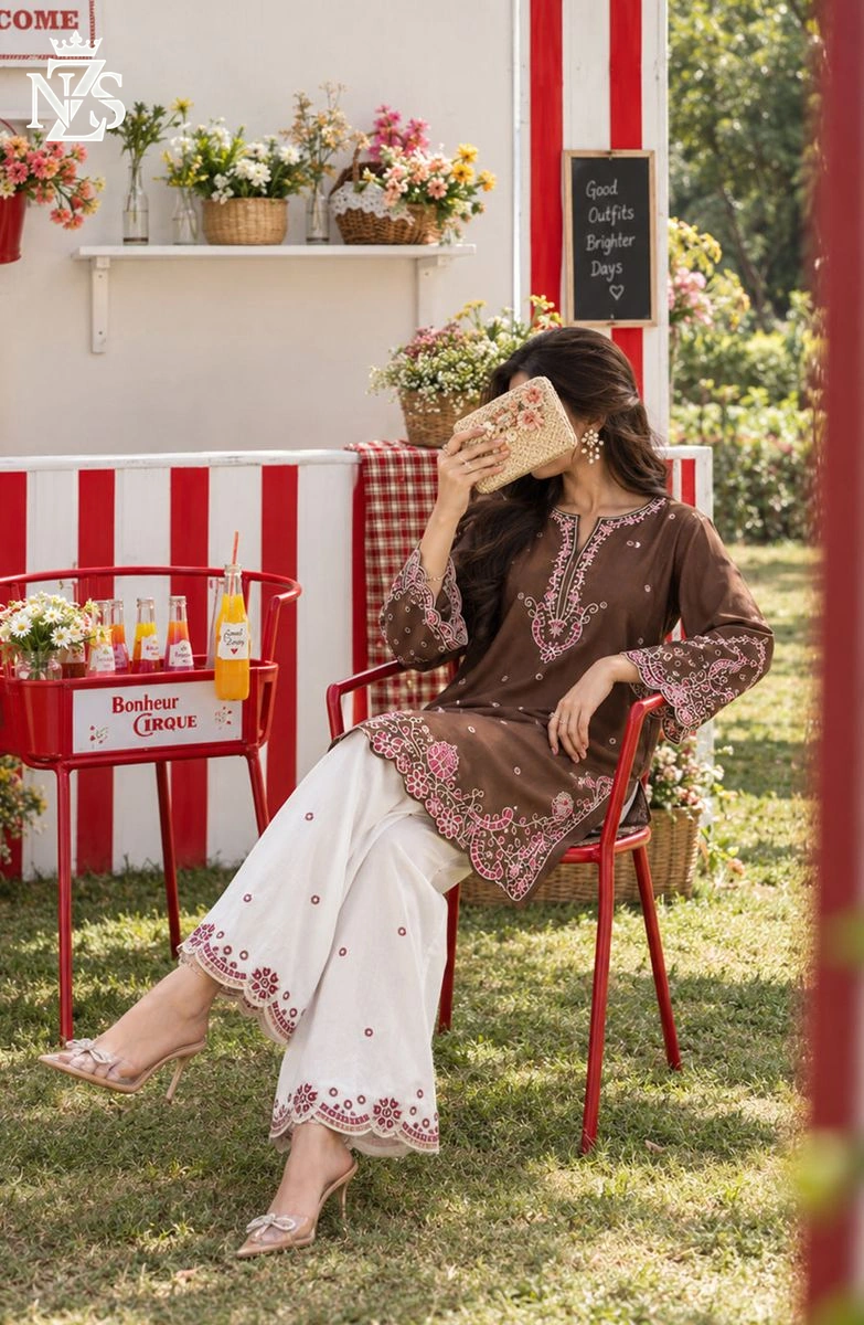 Ujala Embroidered Linen Co-ord 2-Piece Stitched Suit in Brown & white - image 3