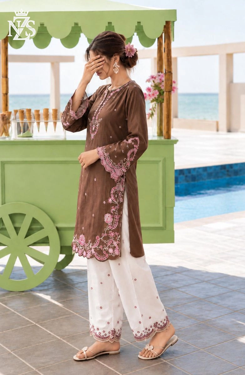 Ujala Embroidered Linen Co-ord 2-Piece Stitched Suit in Brown & white - image 4