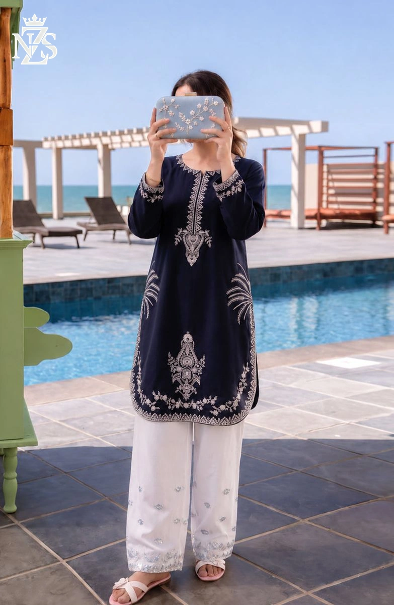 Vania Embroidered Linen Co-ord 2-Piece Stitched Suit in Midnight navy & white - image 1