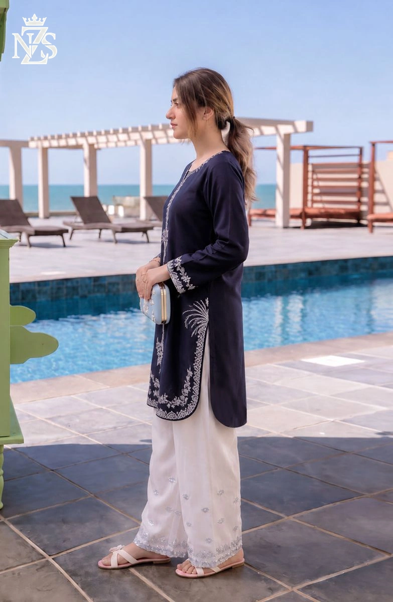 Vania Embroidered Linen Co-ord 2-Piece Stitched Suit in Midnight navy & white - image 3