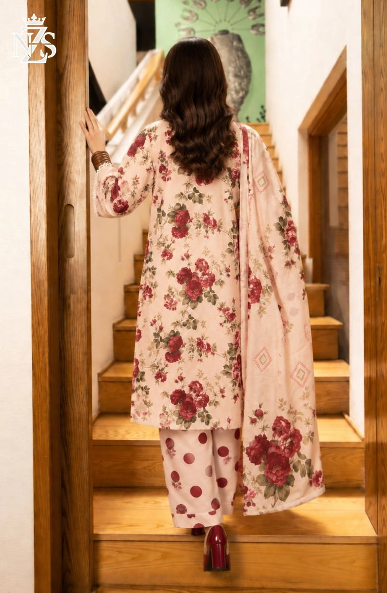 Wajiha Printed Cotton 3-Piece Stitched Suit in Peach floral - image 2