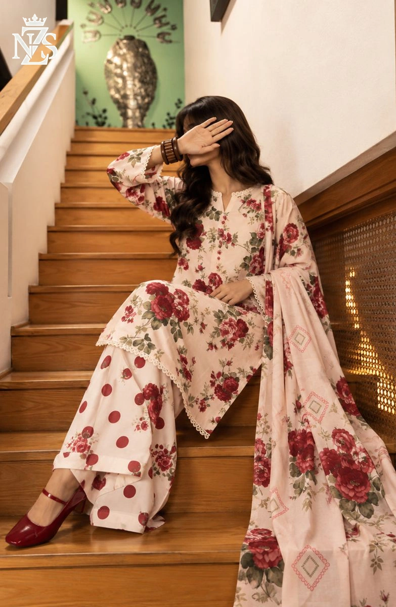 Wajiha Printed Cotton 3-Piece Stitched Suit in Peach floral - image 3