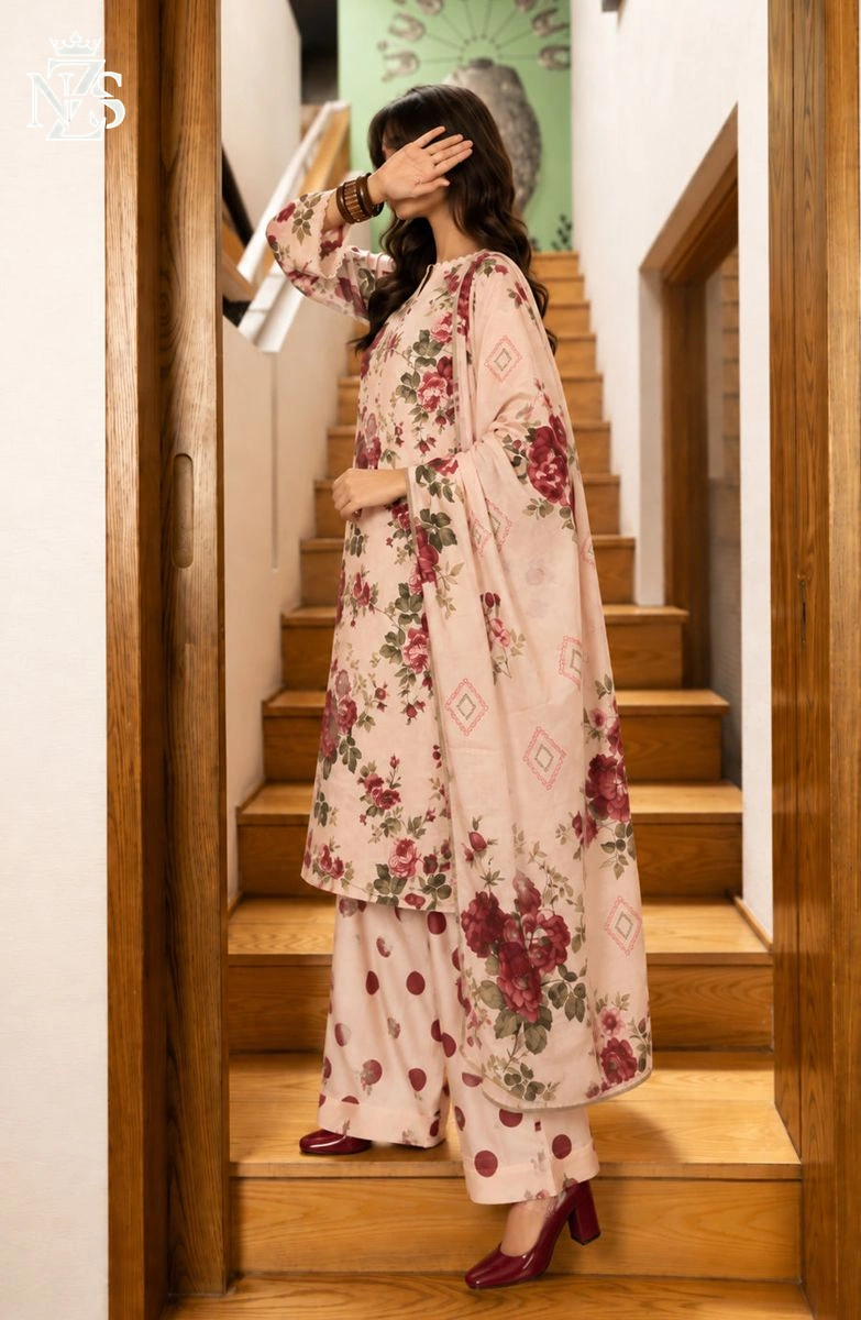 Wajiha Printed Cotton 3-Piece Stitched Suit in Peach floral - image 4