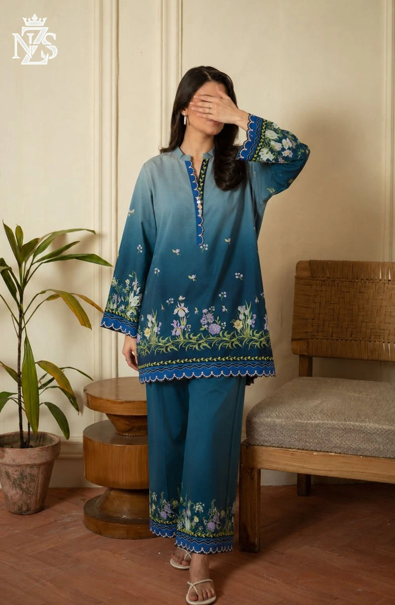 Yashfa Printed Silk Co-ord 2-Piece Stitched Suit in Teal blue - image 1
