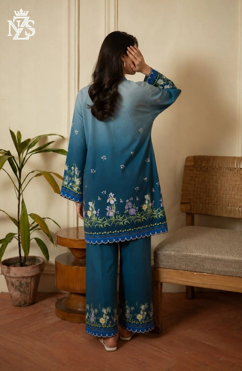 Yashfa Printed Silk Co-ord 2-Piece Stitched Suit in Teal blue - image 2