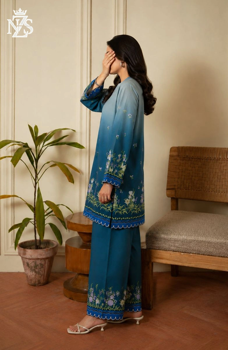 Yashfa Printed Silk Co-ord 2-Piece Stitched Suit in Teal blue - image 3