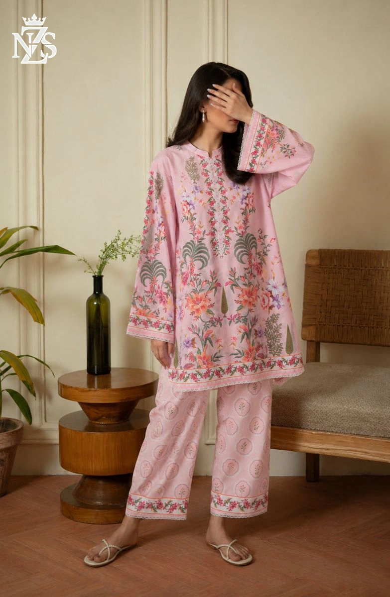 Zohra Printed Silk Co-ord 2-Piece Stitched Suit in Pink - image 1