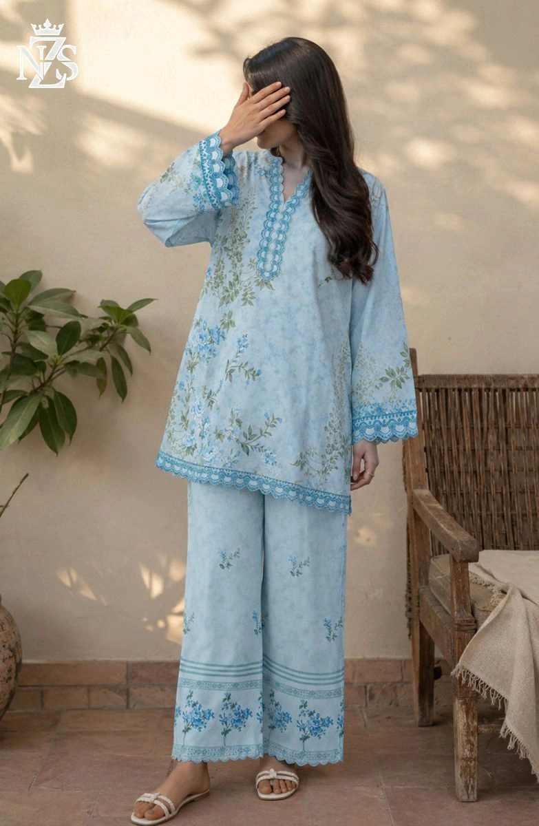 Amal Printed Silk Co-ord 2-Piece Stitched Suit in Sky blue - image 1