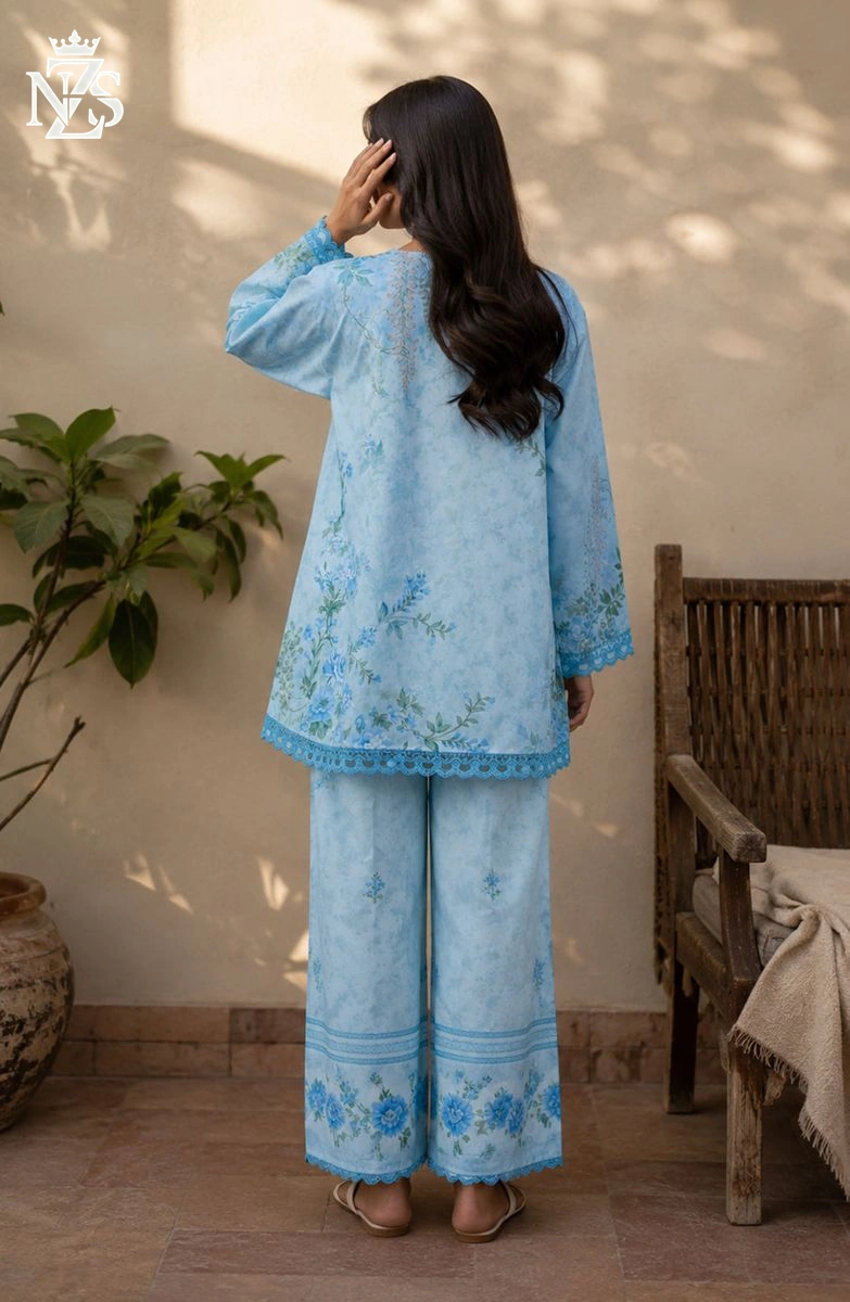 Amal Printed Silk Co-ord 2-Piece Stitched Suit in Sky blue - image 2