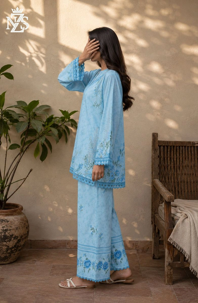 Amal Printed Silk Co-ord 2-Piece Stitched Suit in Sky blue - image 3
