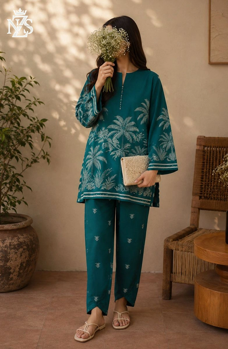 Bano Printed Silk Co-ord 2-Piece Stitched Suit in Emerald green - image 1