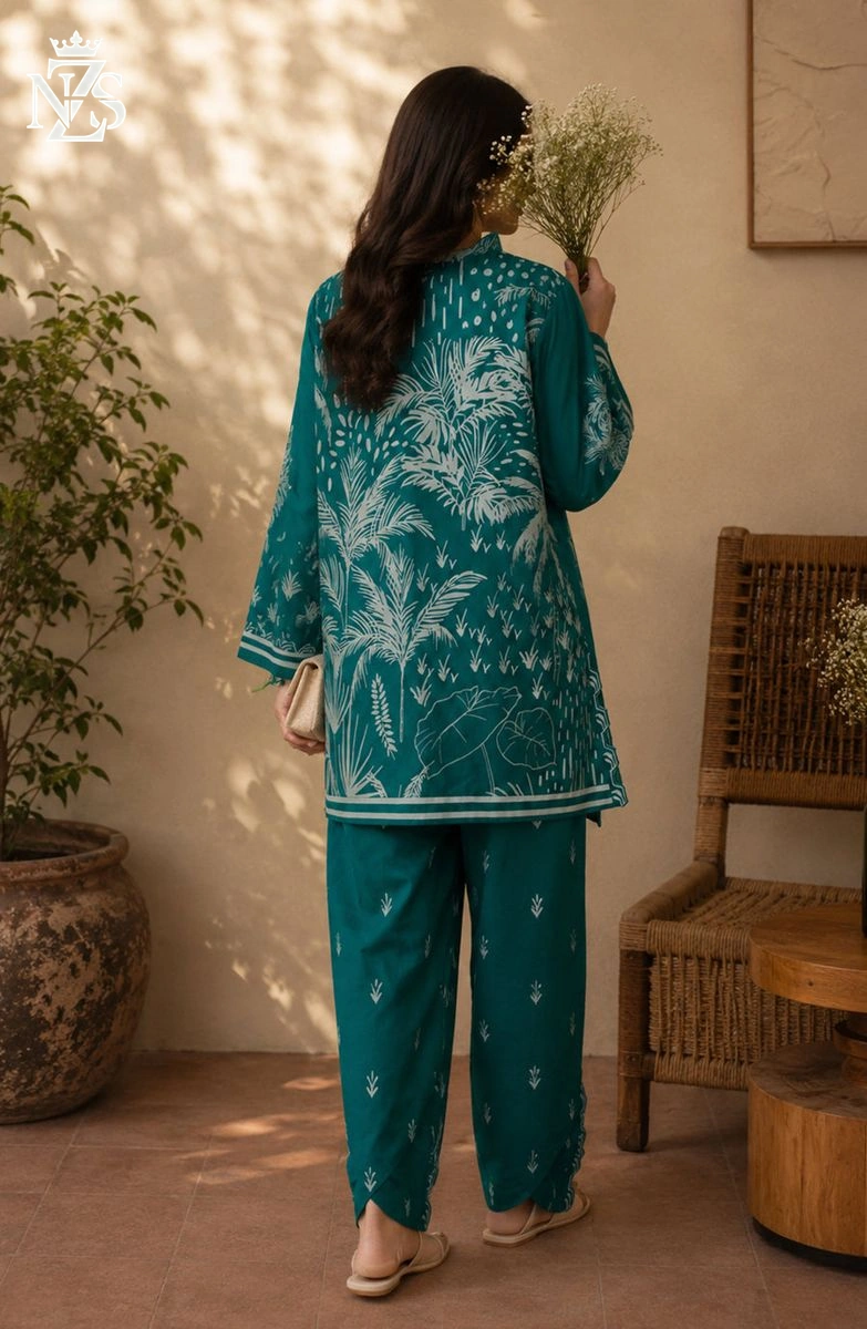 Bano Printed Silk Co-ord 2-Piece Stitched Suit in Emerald green - image 2