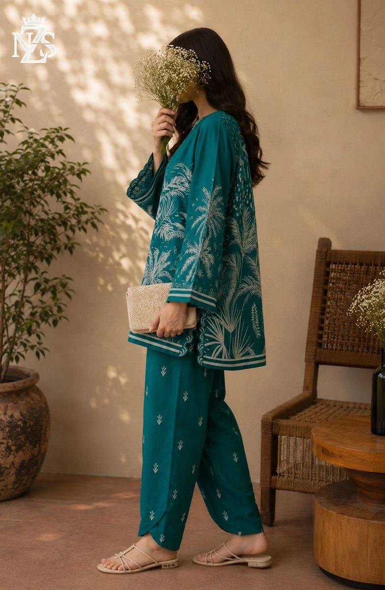 Bano Printed Silk Co-ord 2-Piece Stitched Suit in Emerald green - image 3
