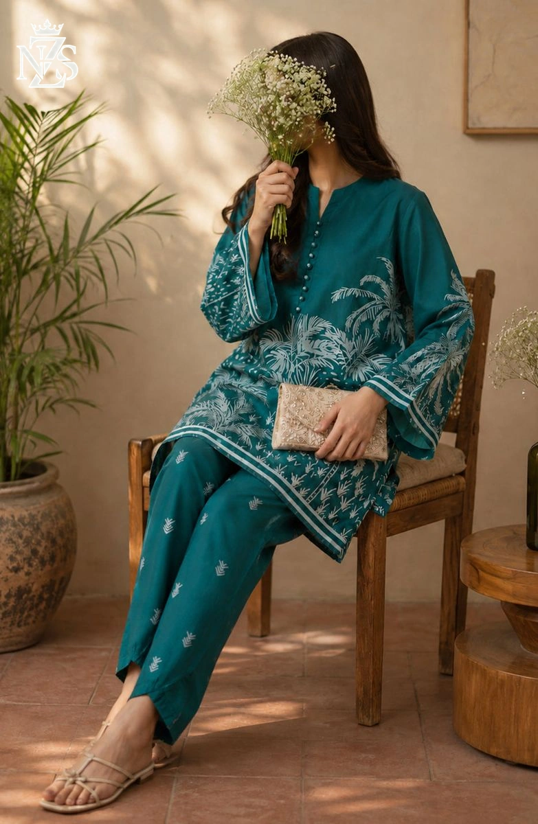 Bano Printed Silk Co-ord 2-Piece Stitched Suit in Emerald green - image 4