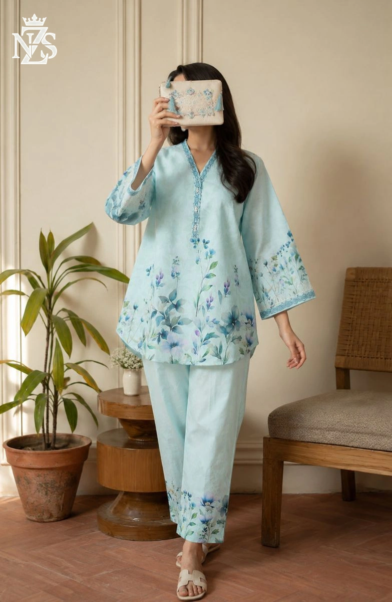 Dilnaz Printed Silk Co-ord 2-Piece Stitched Suit in Light ferozi - image 1