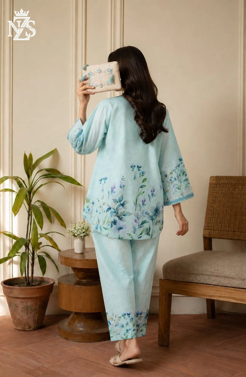 Dilnaz Printed Silk Co-ord 2-Piece Stitched Suit in Light ferozi - image 2
