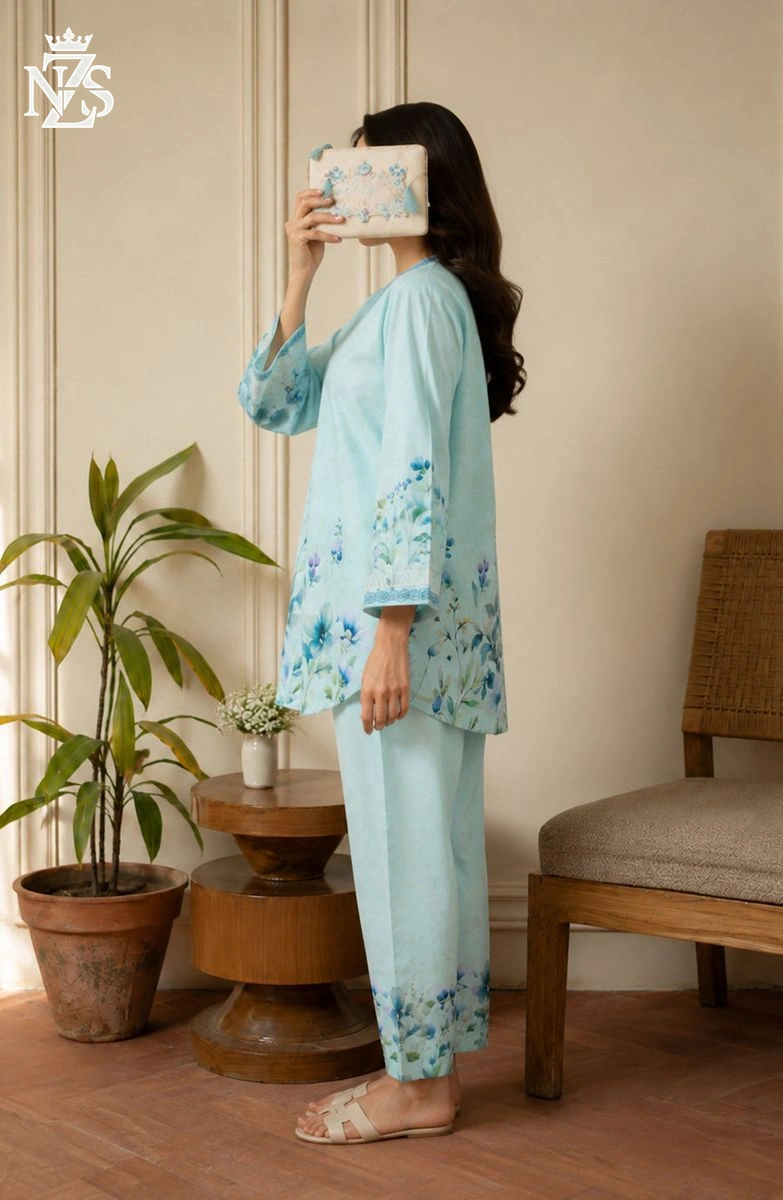 Dilnaz Printed Silk Co-ord 2-Piece Stitched Suit in Light ferozi - image 3