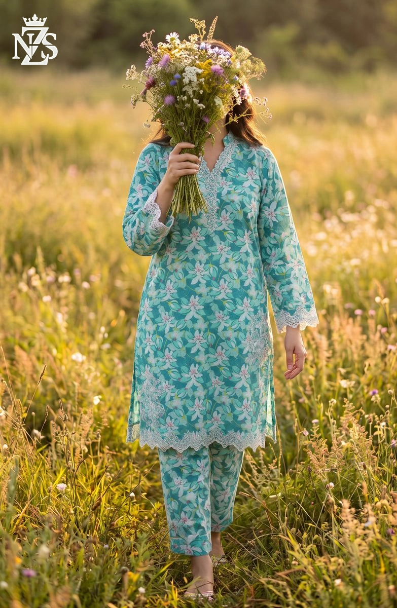 Erum Chikankari Lawn Co-ord 2-Piece Stitched Suit in Ferozi - image 1