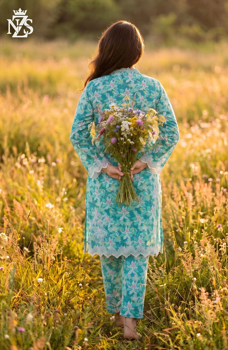 Erum Chikankari Lawn Co-ord 2-Piece Stitched Suit in Ferozi - image 2