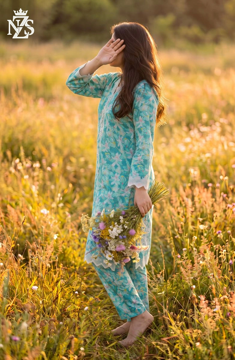 Erum Chikankari Lawn Co-ord 2-Piece Stitched Suit in Ferozi - image 3