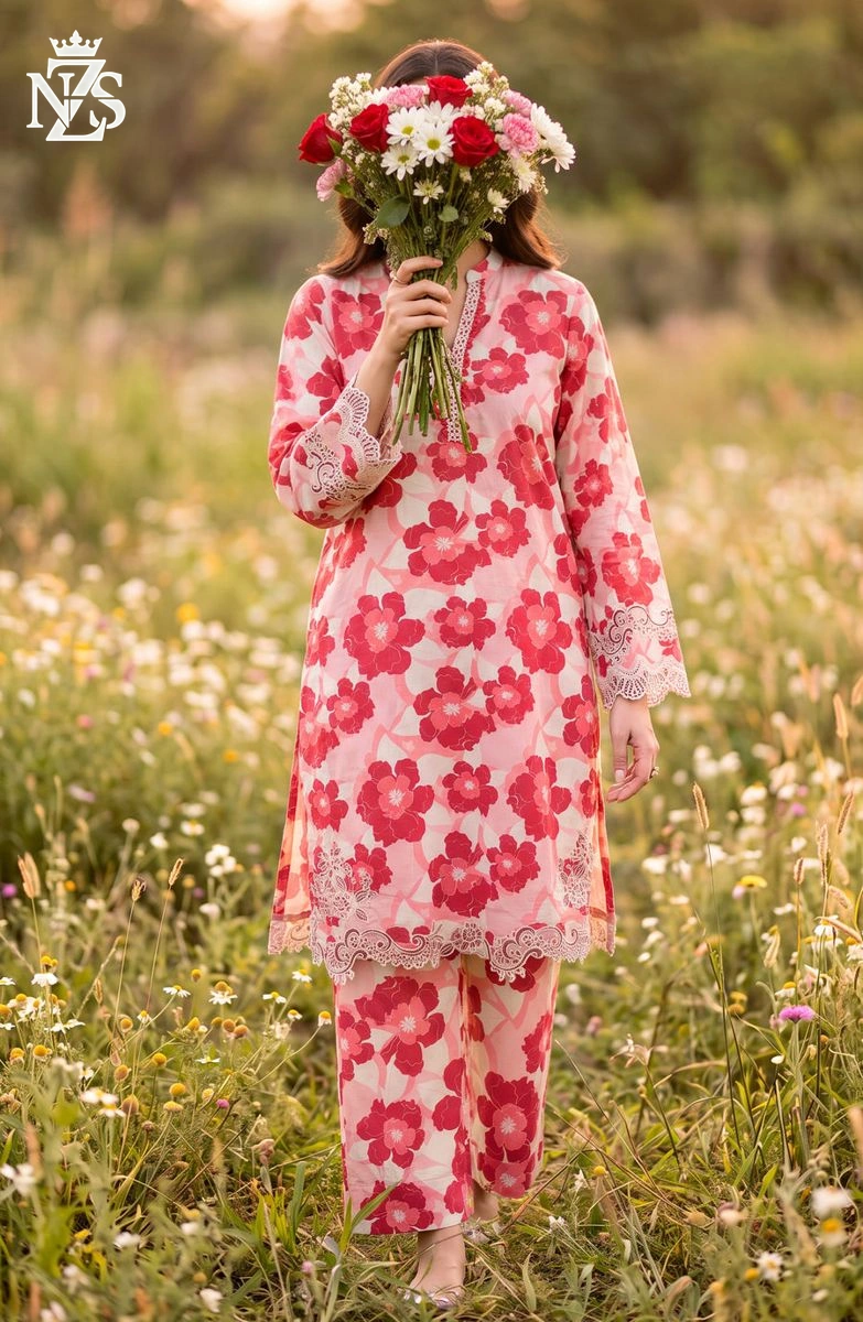 Farwa Chikankari Lawn Co-ord 2-Piece Stitched Suit in Pink & red - image 1