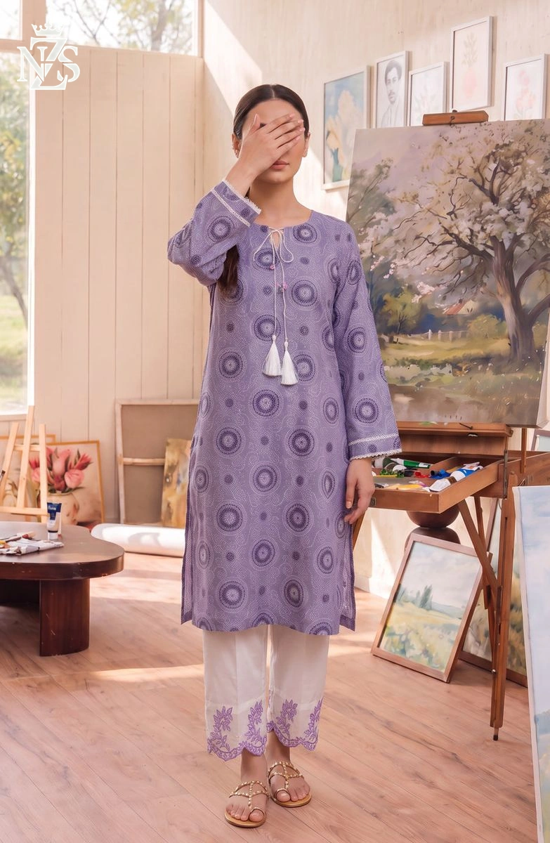 Hareem Embroidered Lawn Co-ord 2-Piece Stitched Suit in Lilac & white - image 1