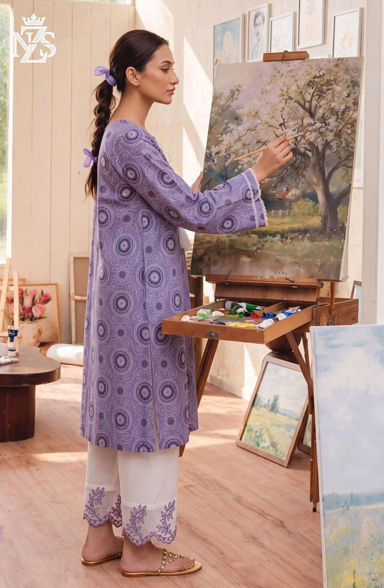 Hareem Embroidered Lawn Co-ord 2-Piece Stitched Suit in Lilac & white - image 3
