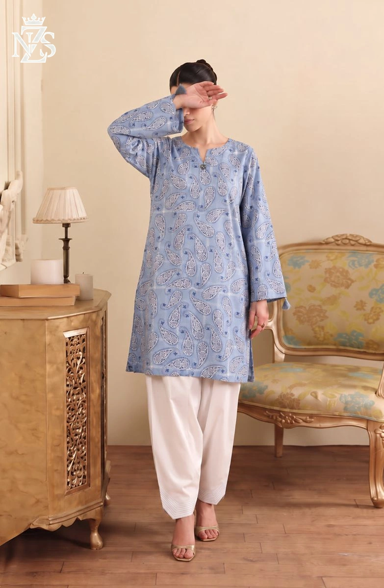 Inara Embroidered Lawn Co-ord 2-Piece Stitched Suit in Steel blue & white - image 1