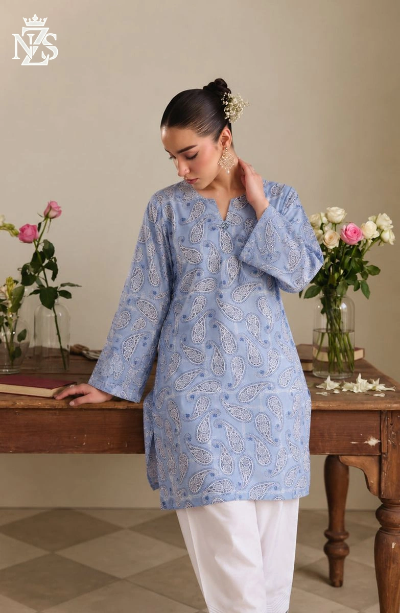 Inara Embroidered Lawn Co-ord 2-Piece Stitched Suit in Steel blue & white - image 3