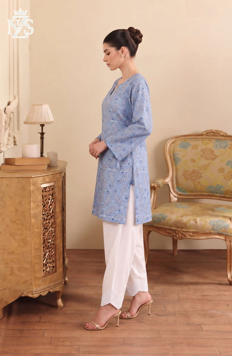 Inara Embroidered Lawn Co-ord 2-Piece Stitched Suit in Steel blue & white - image 4