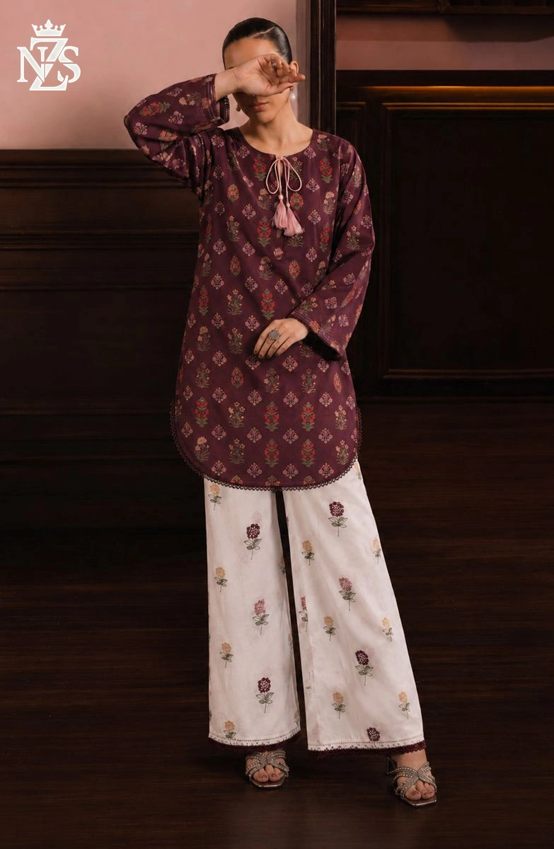 Kanwal Embroidered Lawn Co-ord 2-Piece Stitched Suit in Maroon & white - image 1