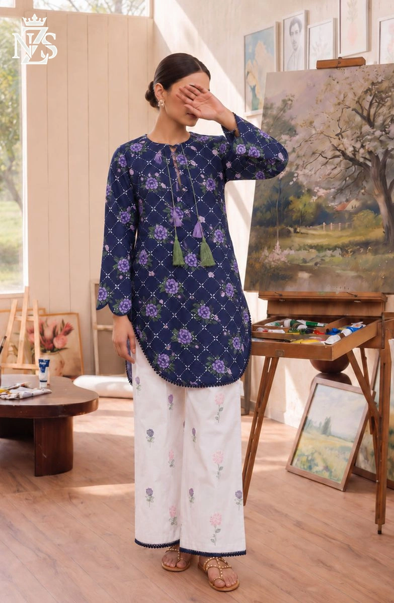 Lubna Embroidered Lawn Co-ord 2-Piece Stitched Suit in Navy & white - image 1