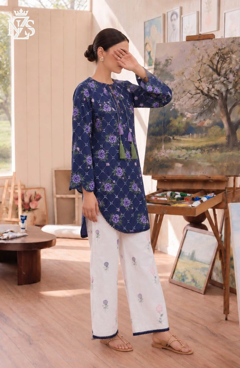 Lubna Embroidered Lawn Co-ord 2-Piece Stitched Suit in Navy & white - image 3