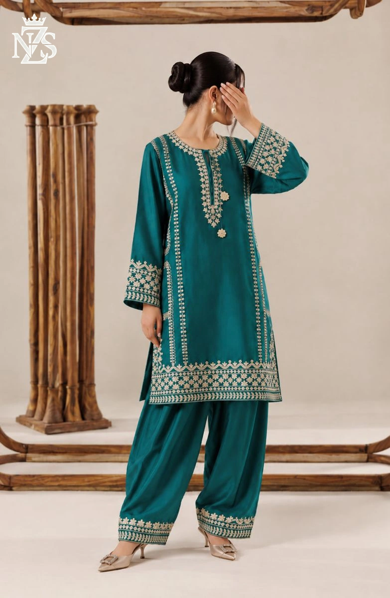 Nazish Embroidered Silk Co-ord 2-Piece Stitched Suit in Teal green - image 1