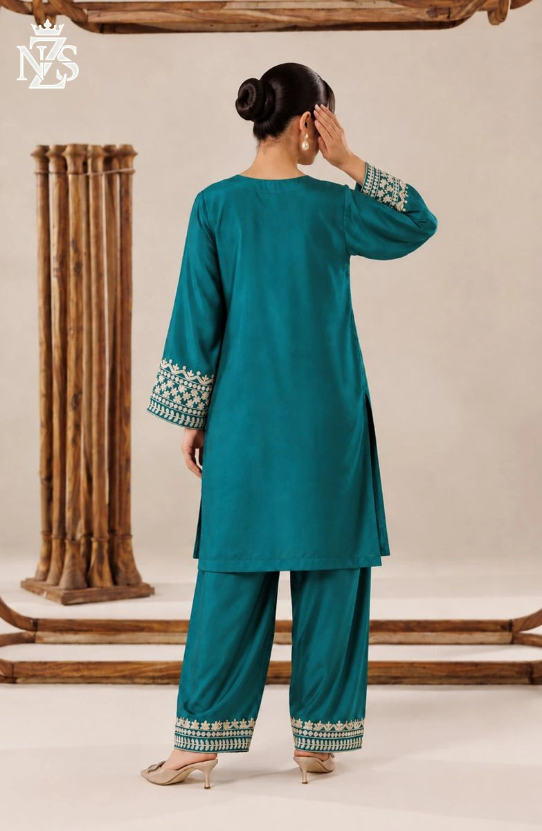 Nazish Embroidered Silk Co-ord 2-Piece Stitched Suit in Teal green - image 2