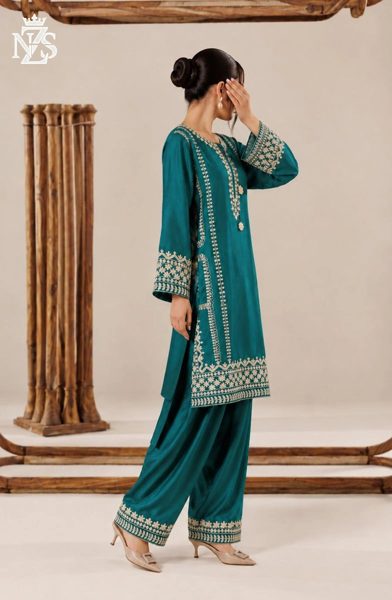 Nazish Embroidered Silk Co-ord 2-Piece Stitched Suit in Teal green - image 3