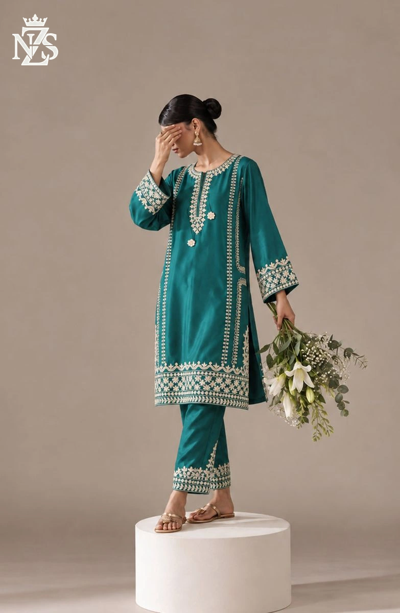 Nazish Embroidered Silk Co-ord 2-Piece Stitched Suit in Teal green - image 4