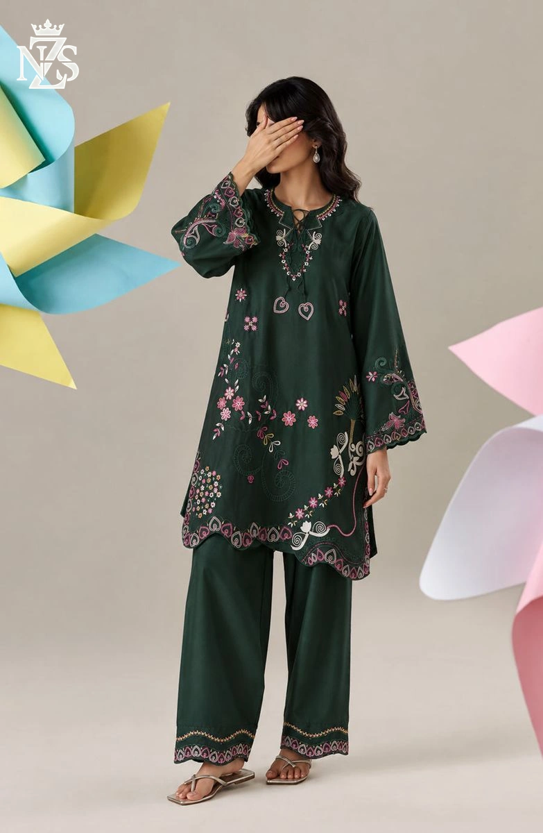 Palwasha Embroidered Silk Co-ord 2-Piece Stitched Suit in Dark green - image 1
