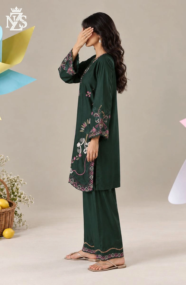 Palwasha Embroidered Silk Co-ord 2-Piece Stitched Suit in Dark green - image 3