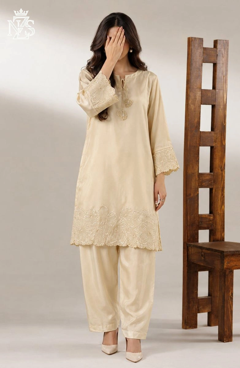 Shanzay Embroidered Silk Co-ord 2-Piece Stitched Suit in Cream - image 1