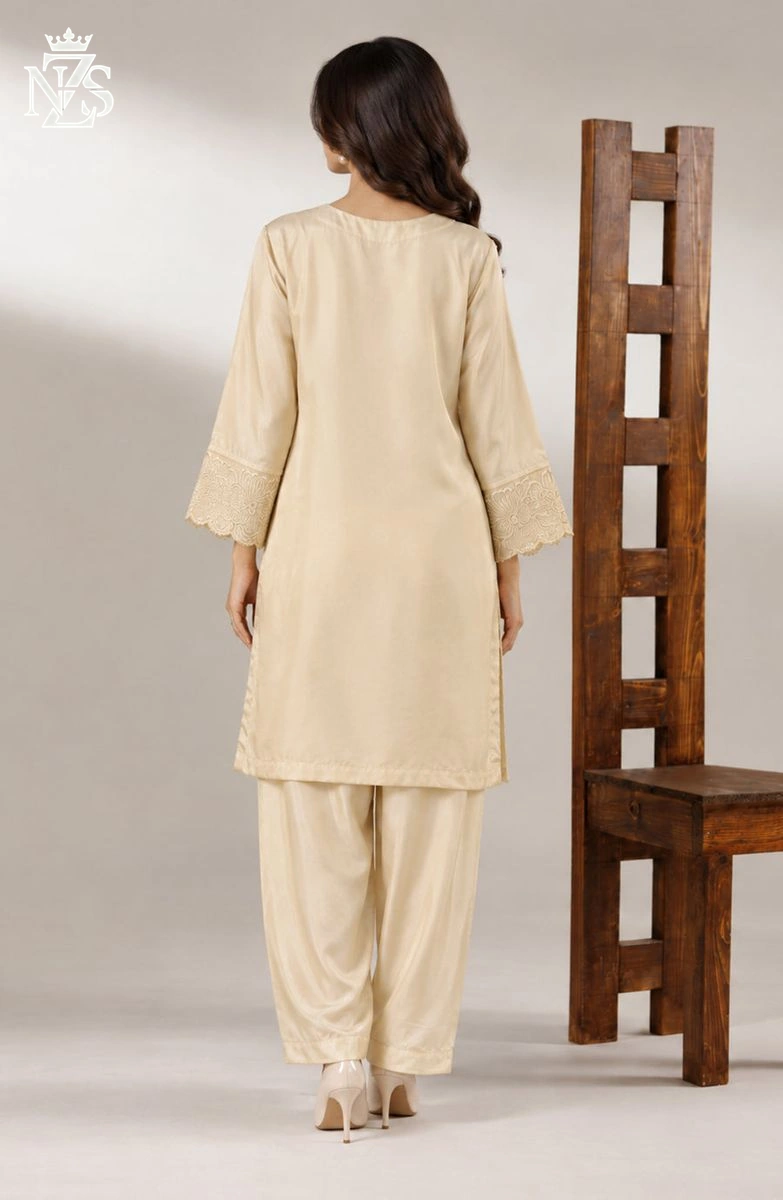 Shanzay Embroidered Silk Co-ord 2-Piece Stitched Suit in Cream - image 2