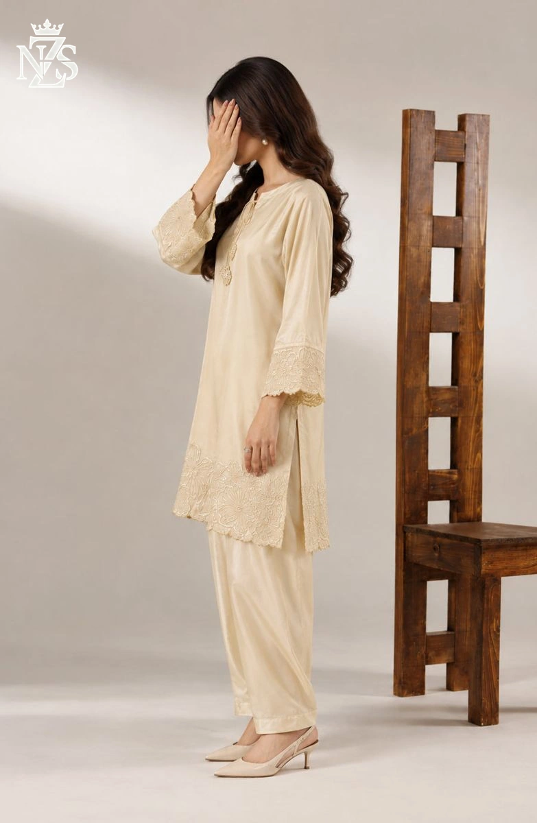 Shanzay Embroidered Silk Co-ord 2-Piece Stitched Suit in Cream - image 3