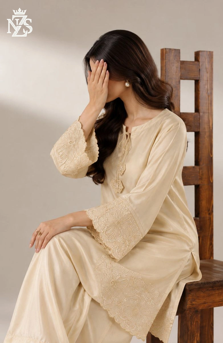Shanzay Embroidered Silk Co-ord 2-Piece Stitched Suit in Cream - image 4