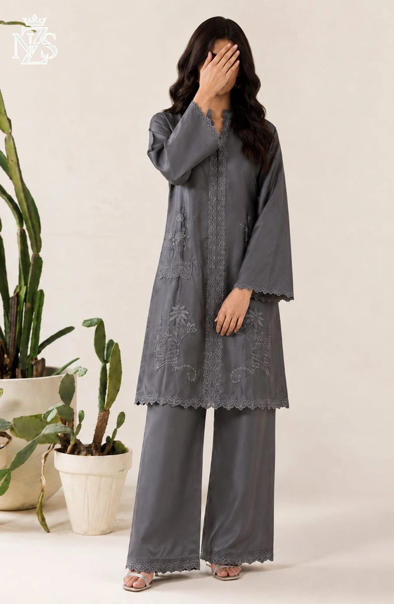 Tabeer Embroidered Silk Co-ord 2-Piece Stitched Suit in Grey - image 1