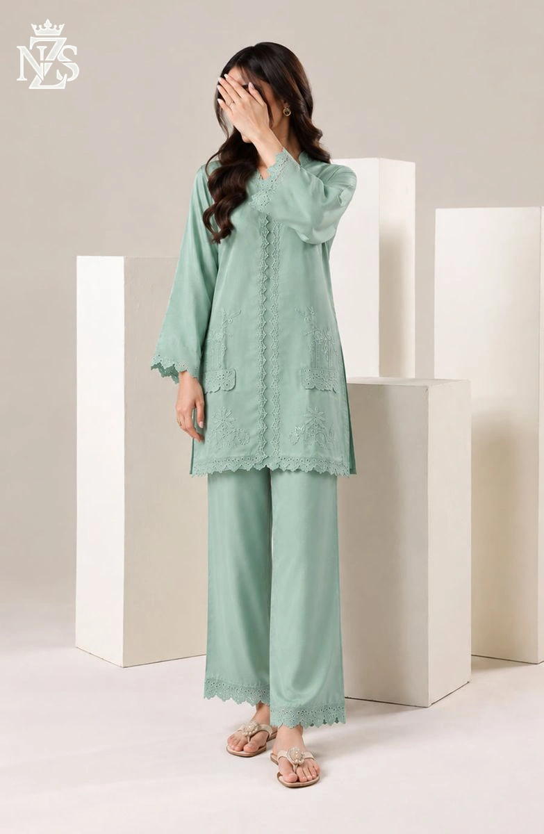 Urooj Embroidered Silk Co-ord 2-Piece Stitched Suit in Mint green - image 1